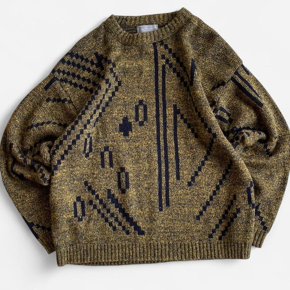 Vintage Le Tigre Yellow & Black Retro Geometric Design Grandpa Pullover Sweater